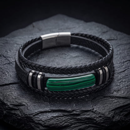 THE MEN THING Leather Bracelet GREEN HOWLITE CORE - 23mm Genuine Leather Multi-Layer Bracelet with Stainless Steel Magnetic Buckle for Men & Boys (8 inch)