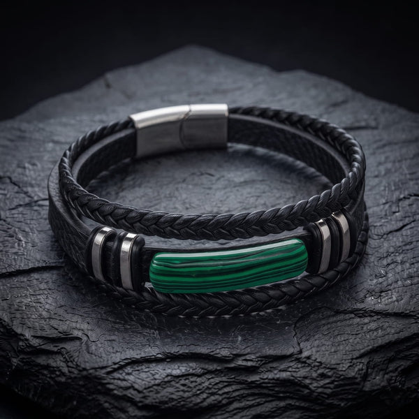 GREEN HOWLITE CORE - 23mm Genuine Leather Multi-Layer Bracelet with Stainless Steel Magnetic Buckle for Men & Boys (8 inch)