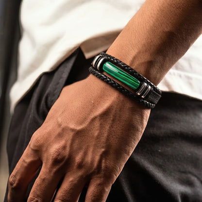 THE MEN THING Leather Bracelet GREEN HOWLITE CORE - 23mm Genuine Leather Multi-Layer Bracelet with Stainless Steel Magnetic Buckle for Men & Boys (8 inch)