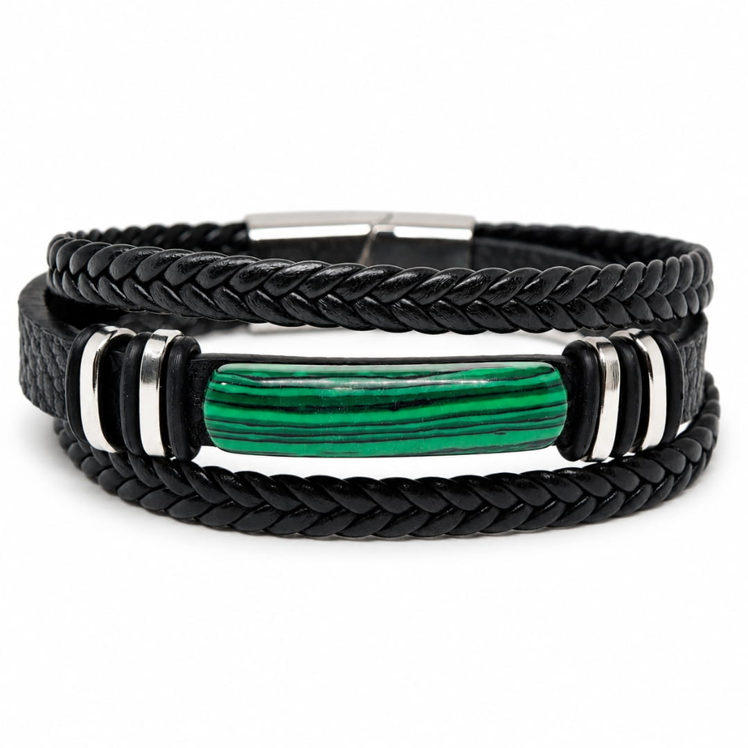 THE MEN THING Leather Bracelet GREEN HOWLITE CORE - 23mm Genuine Leather Multi-Layer Bracelet with Stainless Steel Magnetic Buckle for Men & Boys (8 inch)
