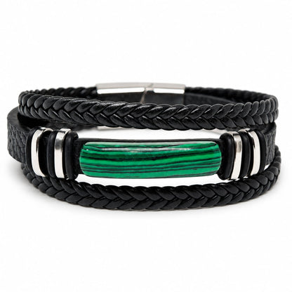 THE MEN THING Leather Bracelet GREEN HOWLITE CORE - 23mm Genuine Leather Multi-Layer Bracelet with Stainless Steel Magnetic Buckle for Men & Boys (8 inch)