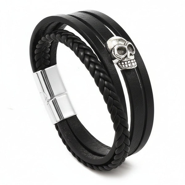 GRIM REAPER - Black 25mm Genuine Leather Multi-Layer Braided Bracelet with Stainless Steel Magnetic Buckle for Men & Boys (8 inch)