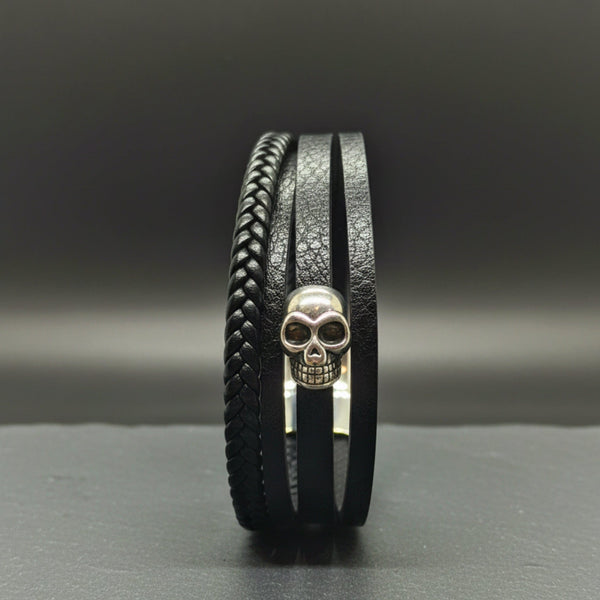 GRIM REAPER - Black 25mm Genuine Leather Multi-Layer Braided Bracelet with Stainless Steel Magnetic Buckle for Men & Boys (8 inch)