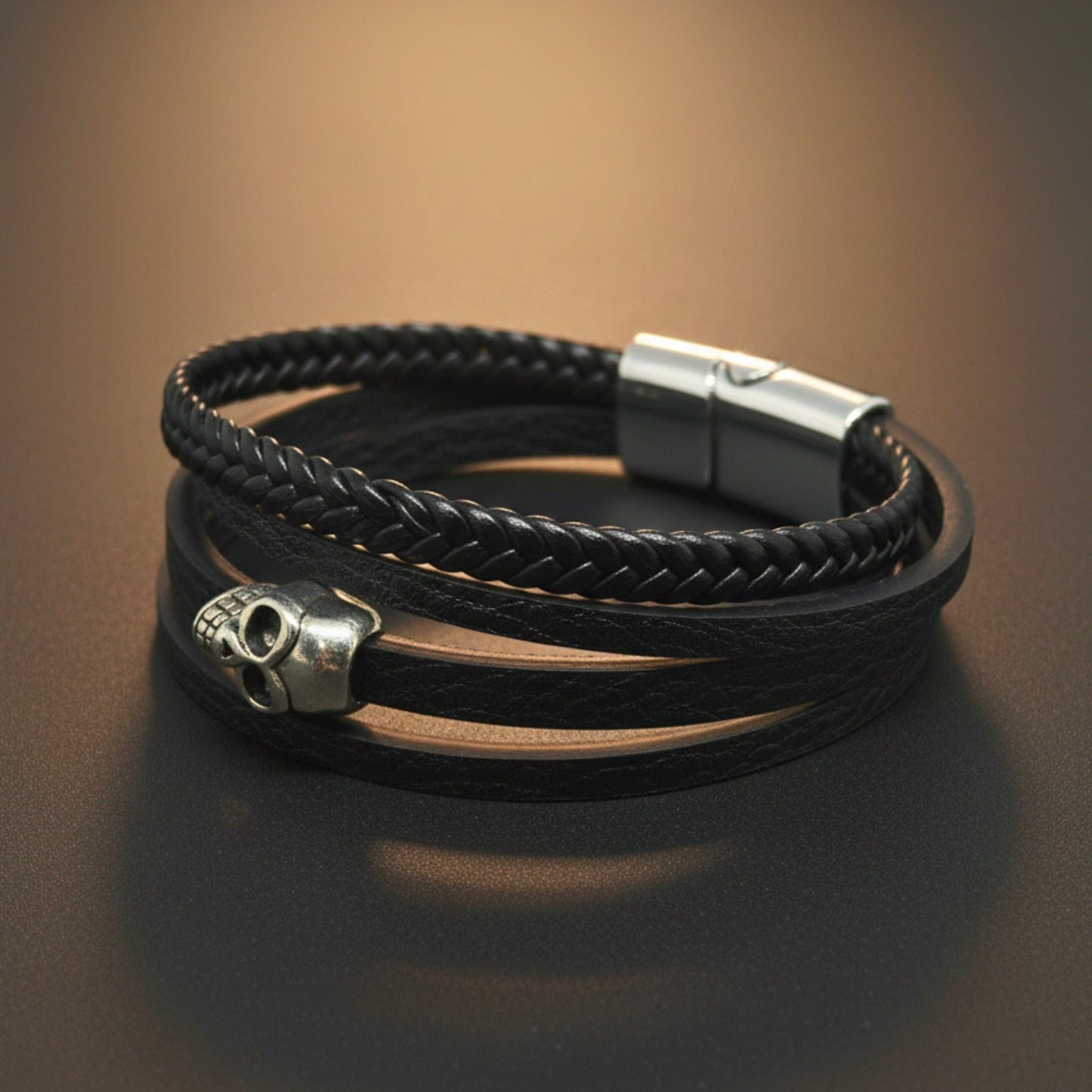 THE MEN THING Leather Bracelet GRIM REAPER - Black 25mm Genuine Leather Multi-Layer Braided Bracelet with Stainless Steel Magnetic Buckle for Men & Boys (8 inch)