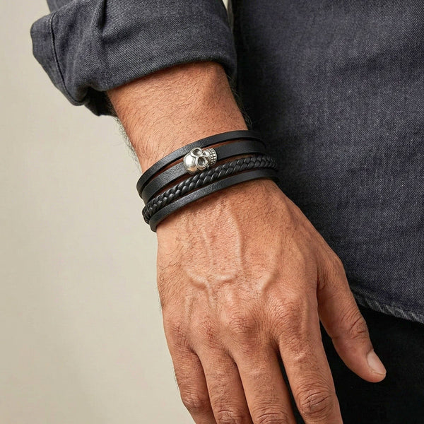GRIM REAPER - Black 25mm Genuine Leather Multi-Layer Braided Bracelet with Stainless Steel Magnetic Buckle for Men & Boys (8 inch)