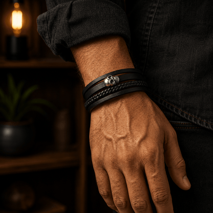 THE MEN THING Leather Bracelet GRIM REAPER - Black 25mm Genuine Leather Multi-Layer Braided Bracelet with Stainless Steel Magnetic Buckle for Men & Boys (8 inch)