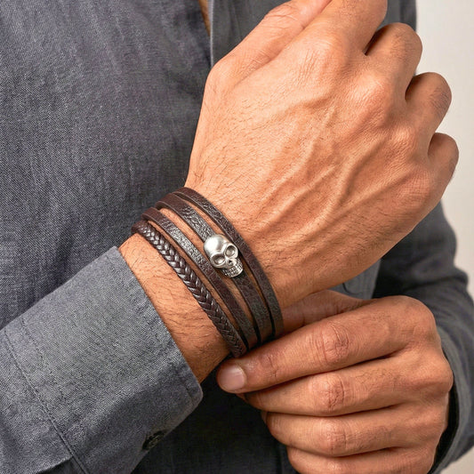THE MEN THING Leather Bracelet GRIM REAPER - Dark Brown 20mm Genuine Leather Multi-Layer Braided Bracelet with Stainless Steel Magnetic Buckle for Men & Boys (8inch)