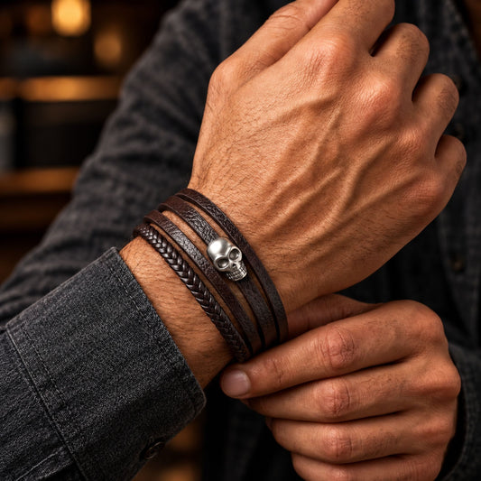 THE MEN THING Leather Bracelet GRIM REAPER - Dark Brown 20mm Genuine Leather Multi-Layer Braided Bracelet with Stainless Steel Magnetic Buckle for Men & Boys (8inch)