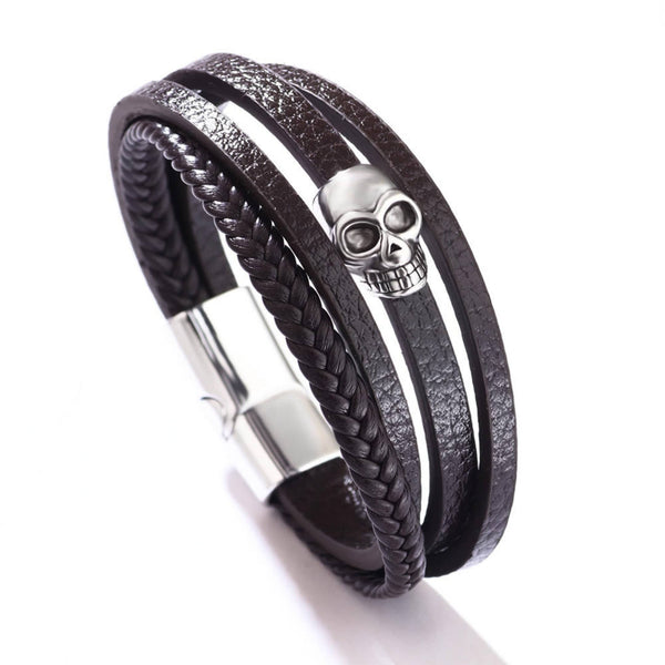 GRIM REAPER - Dark Brown 20mm Genuine Leather Multi-Layer Braided Bracelet with Stainless Steel Magnetic Buckle for Men & Boys (8inch)