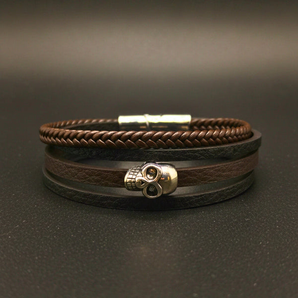 GRIM REAPER - Dark Brown 20mm Genuine Leather Multi-Layer Braided Bracelet with Stainless Steel Magnetic Buckle for Men & Boys (8inch)