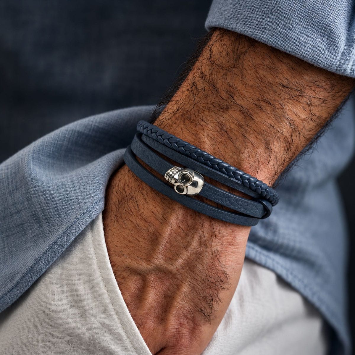 THE MEN THING Leather Bracelet GRIM REAPER - Navy Blue 20mm Genuine Leather Multi-Layer Braided Bracelet with Stainless Steel Magnetic Buckle for Men & Boys (8inch)