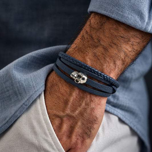 THE MEN THING Leather Bracelet GRIM REAPER - Navy Blue 20mm Genuine Leather Multi-Layer Braided Bracelet with Stainless Steel Magnetic Buckle for Men & Boys (8inch)