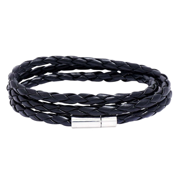 GRIMOAK TWIST - Black 5mm Genuine Leather Bracelet with Stainless Steel Magnetic Barrel Push Clasp for Men & Boys (24 inch)