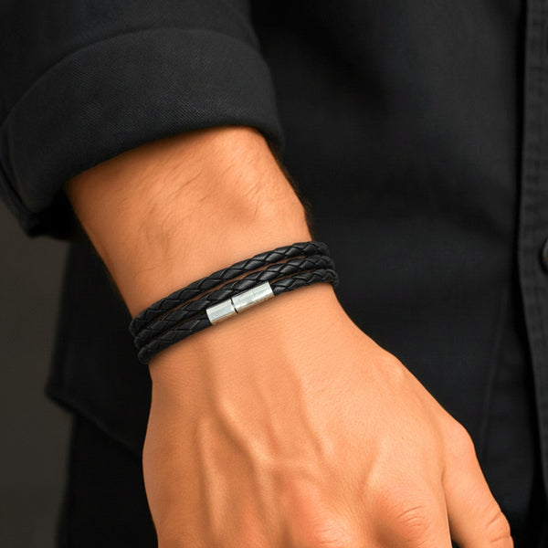 GRIMOAK TWIST - Black 5mm Genuine Leather Bracelet with Stainless Steel Magnetic Barrel Push Clasp for Men & Boys (24 inch)