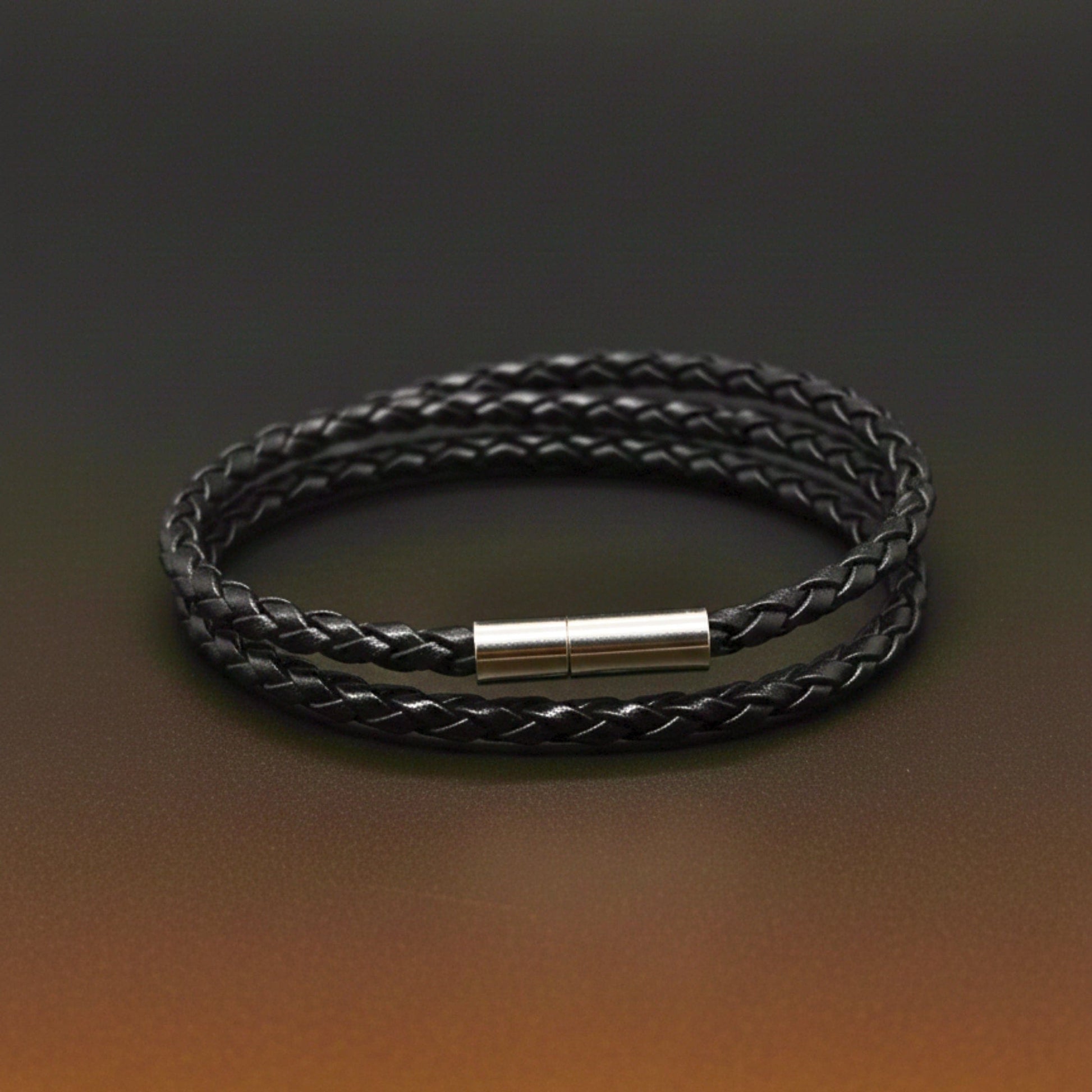 THE MEN THING Leather Bracelet GRIMOAK TWIST - Black 5mm Genuine Leather Bracelet with Stainless Steel Magnetic Barrel Push Clasp for Men & Boys (24 inch)