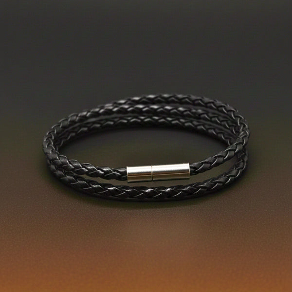 GRIMOAK TWIST - Black 5mm Genuine Leather Bracelet with Stainless Steel Magnetic Barrel Push Clasp for Men & Boys (24 inch)