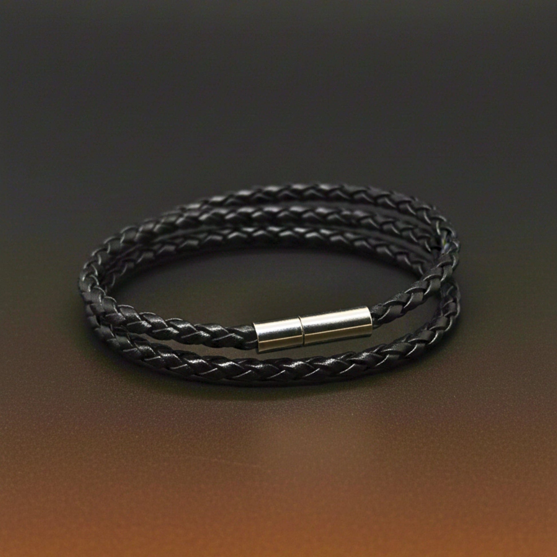 THE MEN THING Leather Bracelet GRIMOAK TWIST - Black 5mm Genuine Leather Bracelet with Stainless Steel Magnetic Barrel Push Clasp for Men & Boys (24 inch)