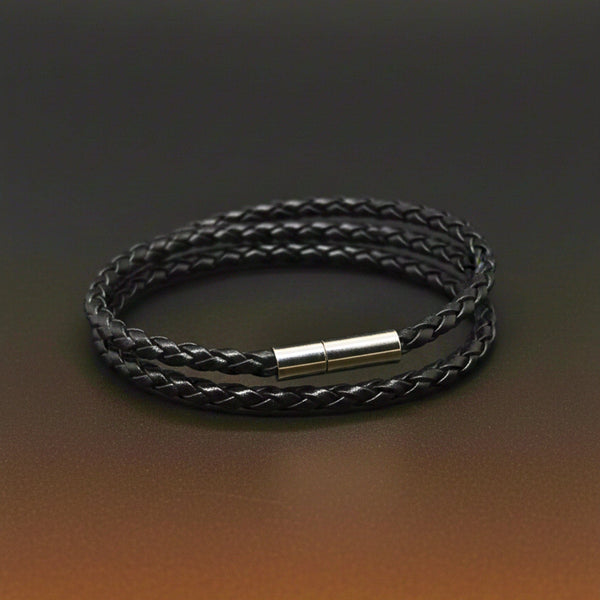 GRIMOAK TWIST - Black 5mm Genuine Leather Bracelet with Stainless Steel Magnetic Barrel Push Clasp for Men & Boys (24 inch)