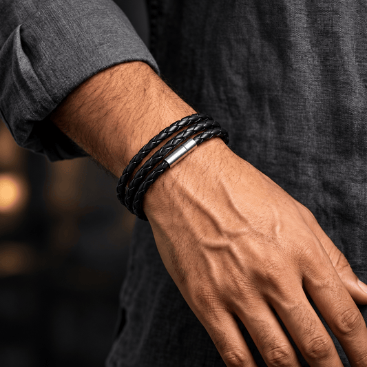 THE MEN THING Leather Bracelet GRIMOAK TWIST - Black 5mm Genuine Leather Bracelet with Stainless Steel Magnetic Barrel Push Clasp for Men & Boys (24 inch)