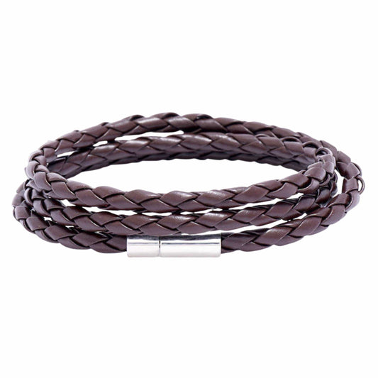 THE MEN THING Leather Bracelet GRIMOAK TWIST - Brown 5mm Genuine Leather Bracelet with Stainless Steel Magnetic Barrel Push Clasp for Men & Boys (24 inch)