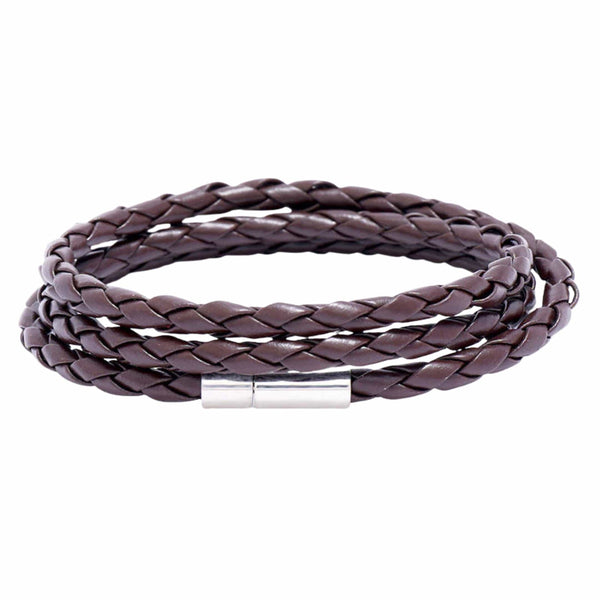 GRIMOAK TWIST - Brown 5mm Genuine Leather Bracelet with Stainless Steel Magnetic Barrel Push Clasp for Men & Boys (24 inch)