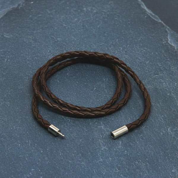 GRIMOAK TWIST - Brown 5mm Genuine Leather Bracelet with Stainless Steel Magnetic Barrel Push Clasp for Men & Boys (24 inch)