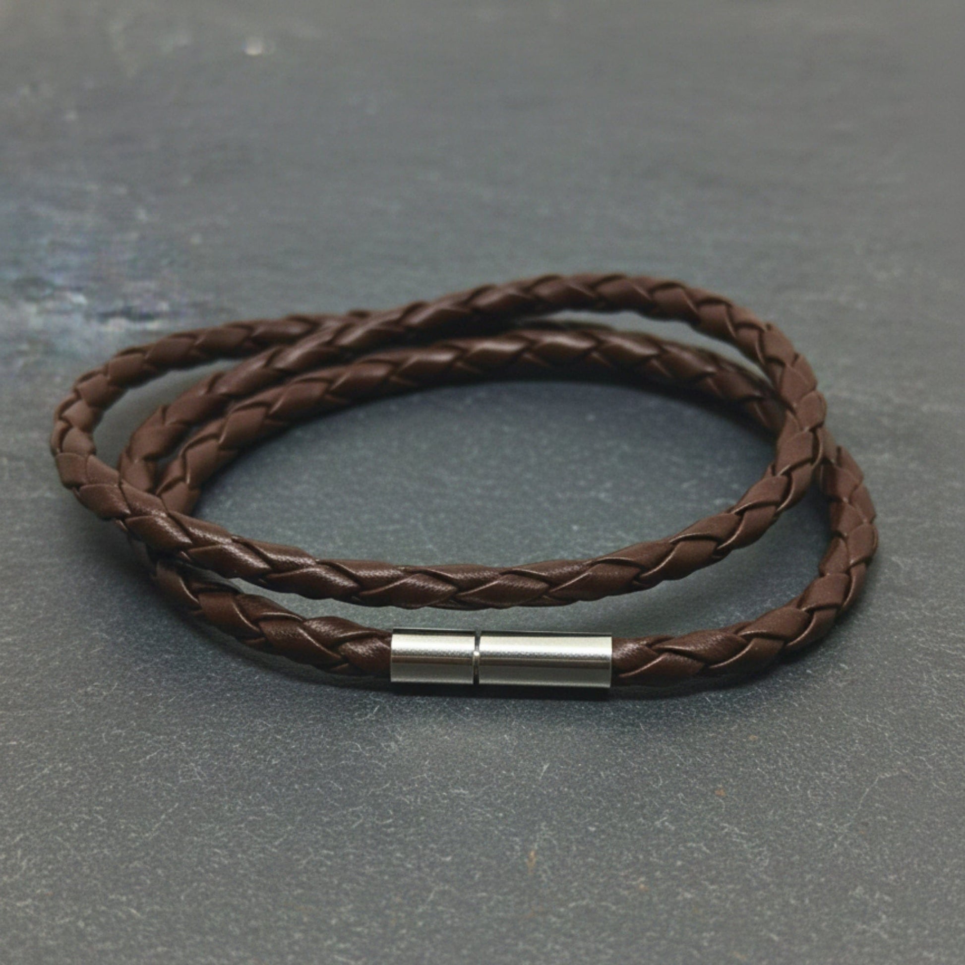 THE MEN THING Leather Bracelet GRIMOAK TWIST - Brown 5mm Genuine Leather Bracelet with Stainless Steel Magnetic Barrel Push Clasp for Men & Boys (24 inch)