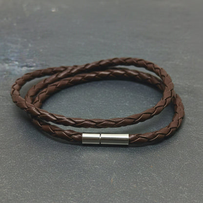 THE MEN THING Leather Bracelet GRIMOAK TWIST - Brown 5mm Genuine Leather Bracelet with Stainless Steel Magnetic Barrel Push Clasp for Men & Boys (24 inch)
