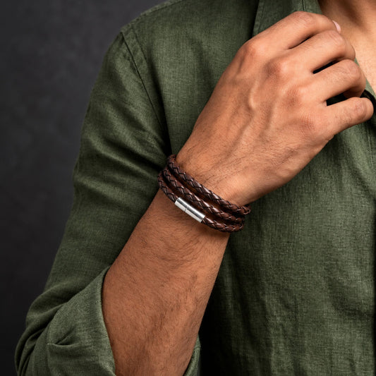 THE MEN THING Leather Bracelet GRIMOAK TWIST - Brown 5mm Genuine Leather Bracelet with Stainless Steel Magnetic Barrel Push Clasp for Men & Boys (24 inch)