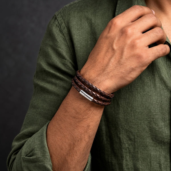GRIMOAK TWIST - Brown 5mm Genuine Leather Bracelet with Stainless Steel Magnetic Barrel Push Clasp for Men & Boys (24 inch)