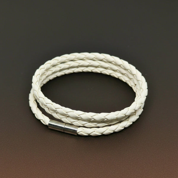GRIMOAK TWIST - White 5mm Genuine Leather Bracelet with Stainless Steel Magnetic Barrel Push Clasp for Men & Boys (24 inch)