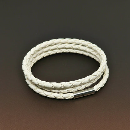 THE MEN THING Leather Bracelet GRIMOAK TWIST - White 5mm Genuine Leather Bracelet with Stainless Steel Magnetic Barrel Push Clasp for Men & Boys (24 inch)