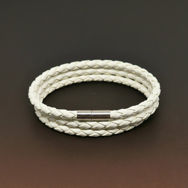 GRIMOAK TWIST - White 5mm Genuine Leather Bracelet with Stainless Steel Magnetic Barrel Push Clasp for Men & Boys (24 inch)