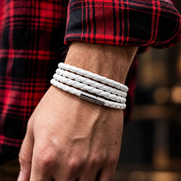 GRIMOAK TWIST - White 5mm Genuine Leather Bracelet with Stainless Steel Magnetic Barrel Push Clasp for Men & Boys (24 inch)