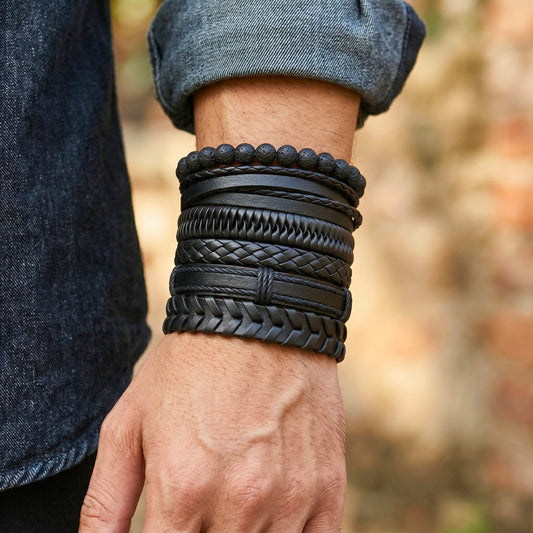 THE MEN THING Leather Bracelet GRIT WEAVE BLACK - 6 Pcs Genuine Leather Adjustable Bracelet for Men & Boys