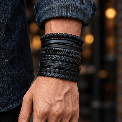 THE MEN THING Leather Bracelet GRIT WEAVE BLACK - 6 Pcs Genuine Leather Adjustable Bracelet for Men & Boys