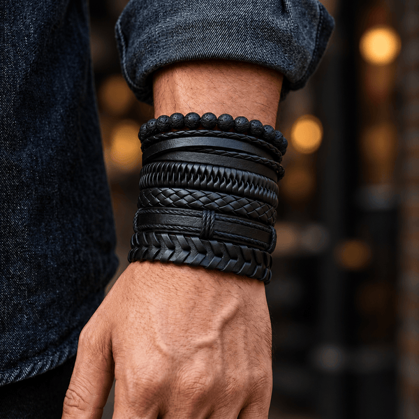 GRIT WEAVE BLACK - 6 Pcs Genuine Leather Adjustable Bracelet for Men & Boys