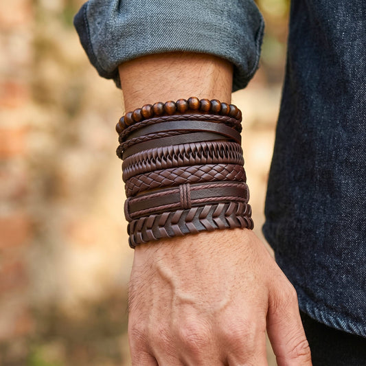 THE MEN THING Leather Bracelet GRIT WEAVE BROWN - 6 Pcs Genuine Leather Adjustable Bracelet for Men & Boys