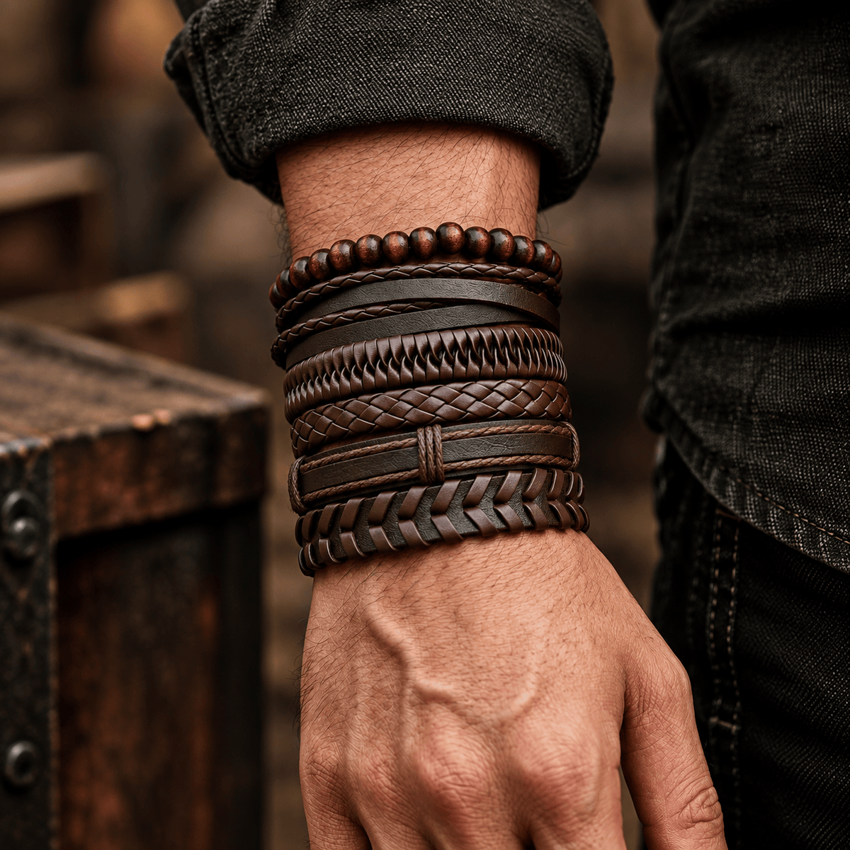 THE MEN THING Leather Bracelet GRIT WEAVE BROWN - 6 Pcs Genuine Leather Adjustable Bracelet for Men & Boys