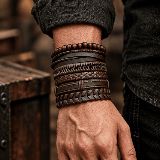 THE MEN THING Leather Bracelet GRIT WEAVE BROWN - 6 Pcs Genuine Leather Adjustable Bracelet for Men & Boys