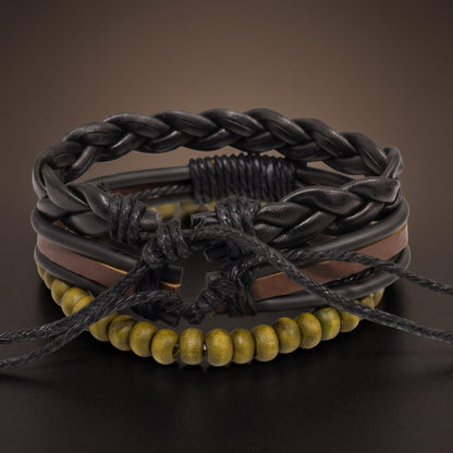 THE MEN THING Leather Bracelet GROVE EDGE - 3Pcs Genuine Leather Adjustable Bracelets Set for Men & Boys
