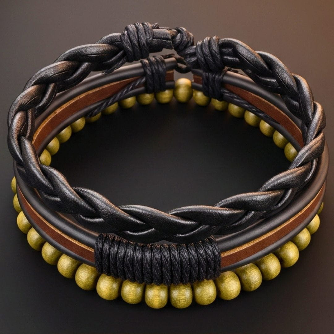 THE MEN THING Leather Bracelet GROVE EDGE - 3Pcs Genuine Leather Adjustable Bracelets Set for Men & Boys