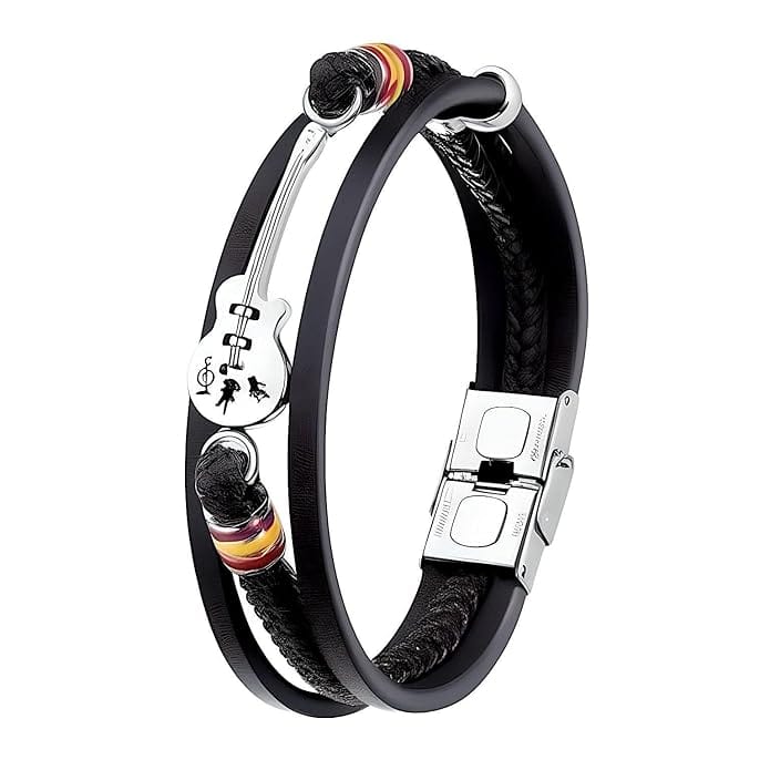 THE MEN THING Leather Bracelet GUITAR CHARM BLACK - Three Strand Genuine Leather Bracelet with Stainless Steel Magnetic Buckle for Men & Boy (8 inch)