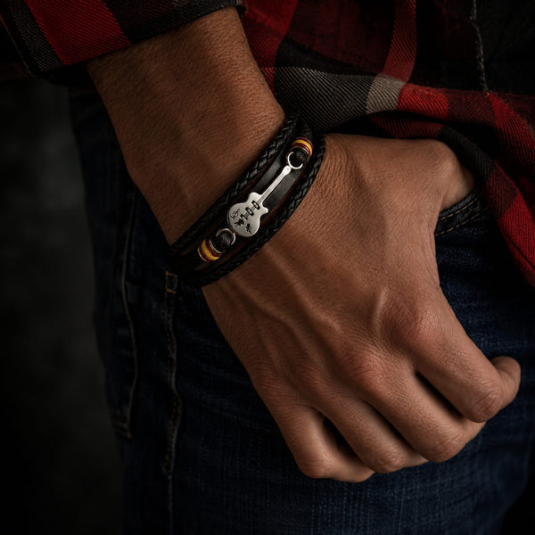 GUITAR CHARM BLACK - Three Strand Genuine Leather Bracelet with Stainless Steel Magnetic Buckle for Men & Boy (8 inch)