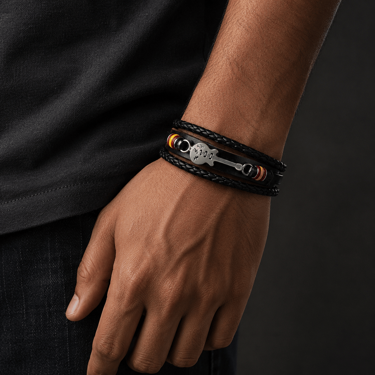 THE MEN THING Leather Bracelet GUITAR CHARM BLACK - Three Strand Genuine Leather Bracelet with Stainless Steel Magnetic Buckle for Men & Boy (8 inch)