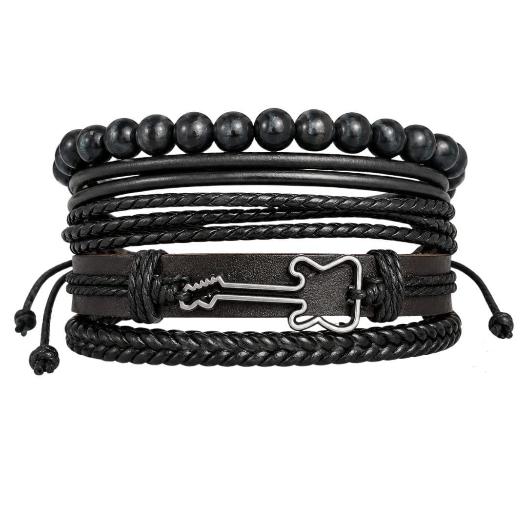 THE MEN THING Leather Bracelet GUITAR STACK BLACK - 4 Pcs Genuine Leather Adjustable Bracelet for Men & Boys