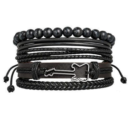 THE MEN THING Leather Bracelet GUITAR STACK BLACK - 4 Pcs Genuine Leather Adjustable Bracelet for Men & Boys