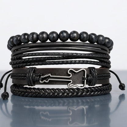 THE MEN THING Leather Bracelet GUITAR STACK BLACK - 4 Pcs Genuine Leather Adjustable Bracelet for Men & Boys