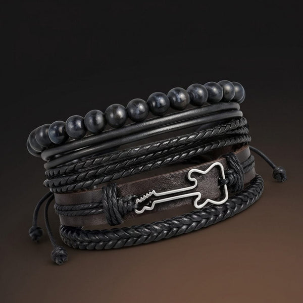 GUITAR STACK BLACK - 4 Pcs Genuine Leather Adjustable Bracelet for Men & Boys