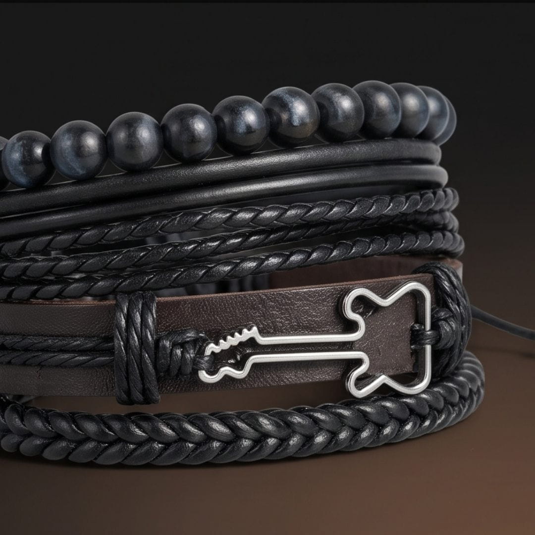 THE MEN THING Leather Bracelet GUITAR STACK BLACK - 4 Pcs Genuine Leather Adjustable Bracelet for Men & Boys